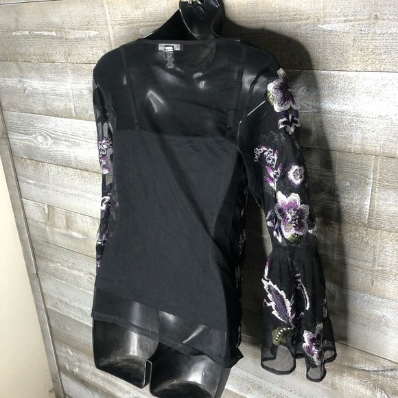 INC International Concepts PS Black Floral Embroidered Mesh Bell Sleeve Y2K top - Picture 5 of 6